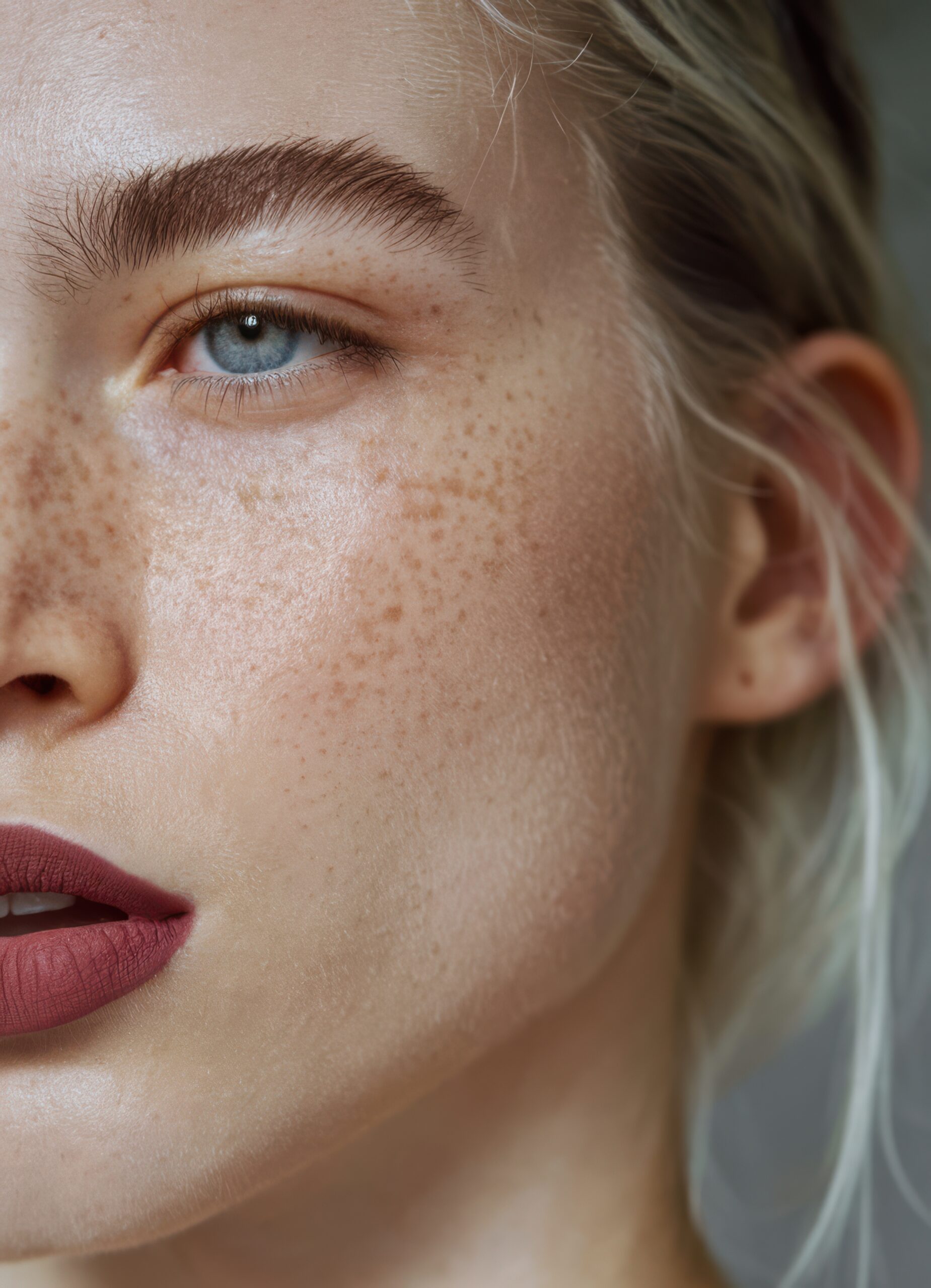 close up of healthy glowing skin with freckles natural light