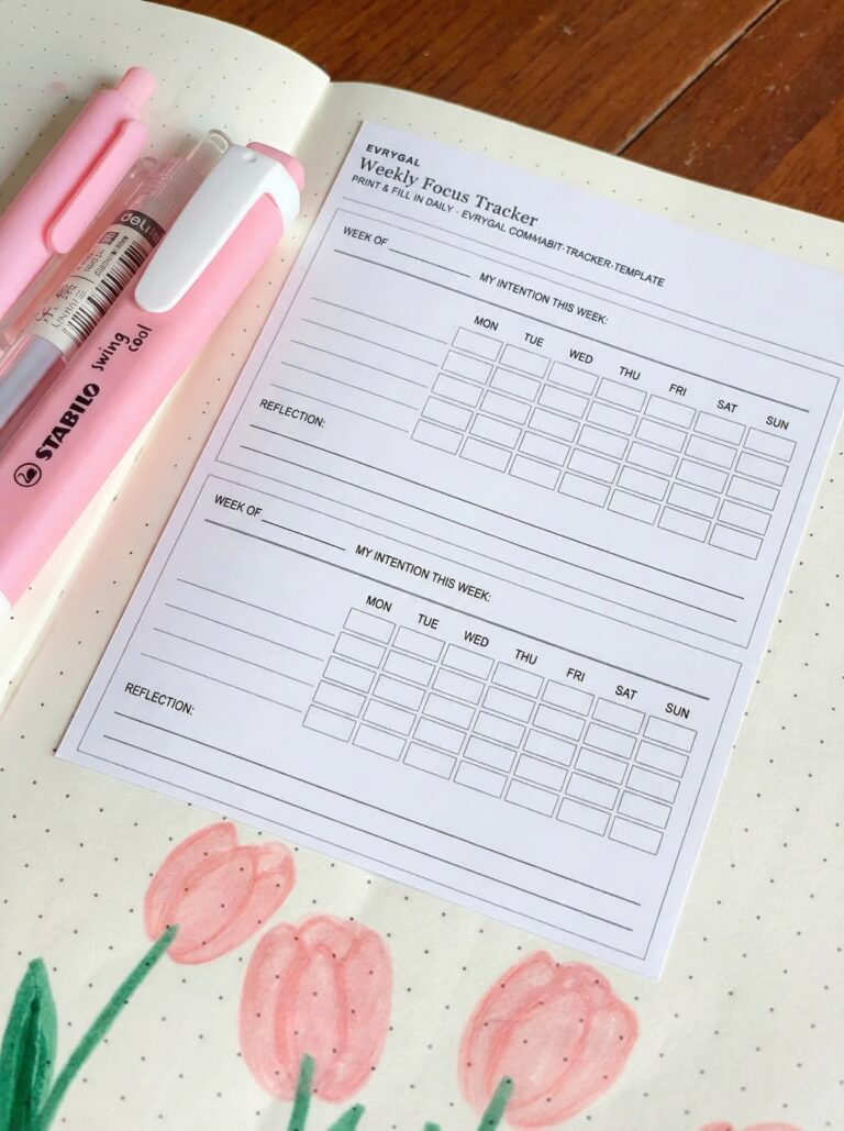 A weekly focus tracker sheet on a dotted notebook with pink pens, a drawing of tulips, and a simple habit tracker template to help you stay organized.