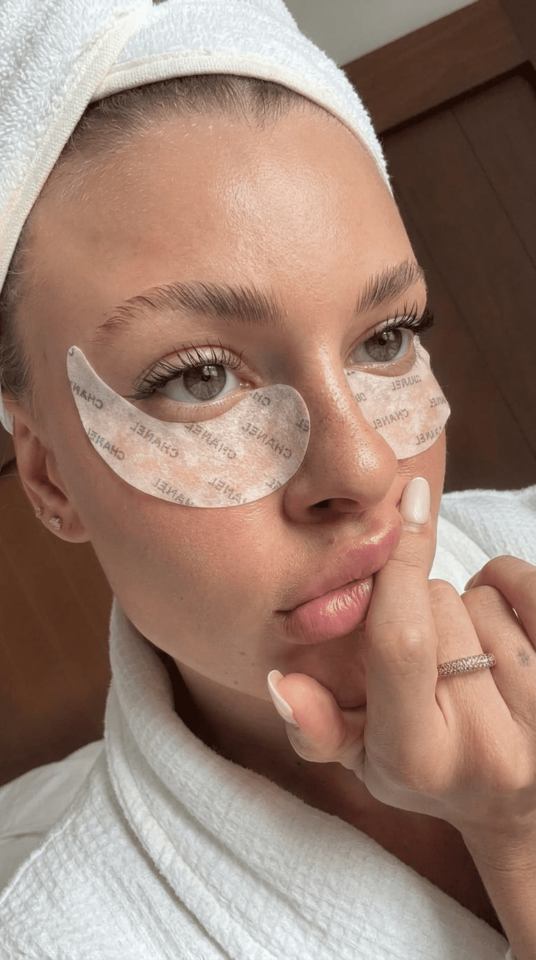 Self care routine woman with under eye patches, white bathrobe, headband, skincare beauty treatment at home, thoughtful pose.