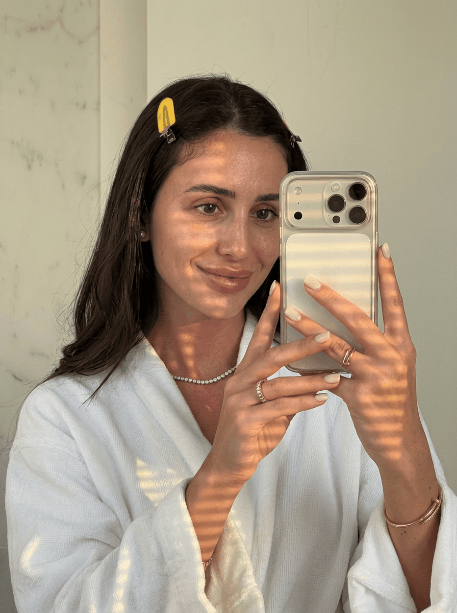 Smiling woman in white bathrobe takes mirror selfie, hair clips in, sunlight creating striped shadows on her face.