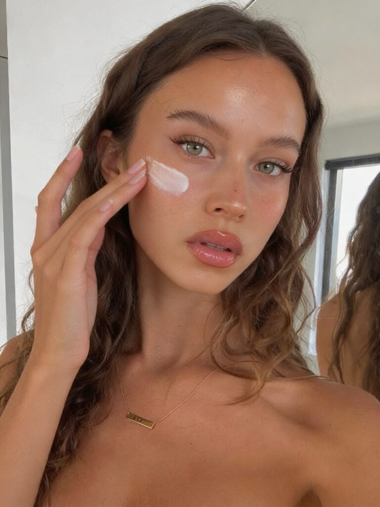 Woman with oily skin applying sunscreen to face, demonstrating best sunscreen for oily skin in a bright room, looking at camera.
