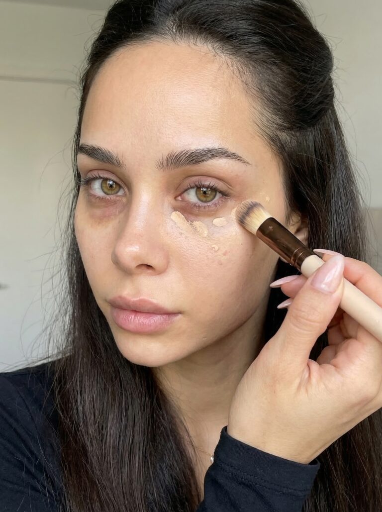 A woman uses a brush to apply top-rated affordable drugstore concealer for dark circles under her eyes.