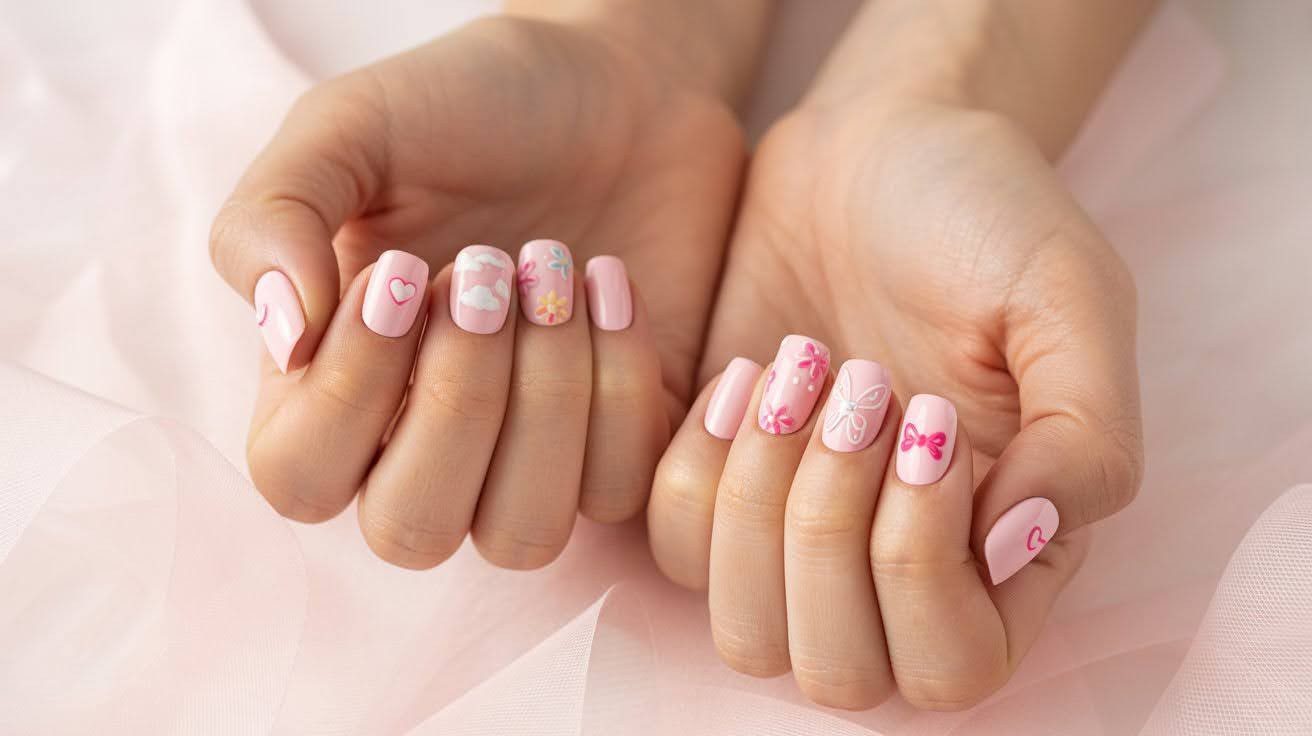 Spring pink nail art aesthetic close up