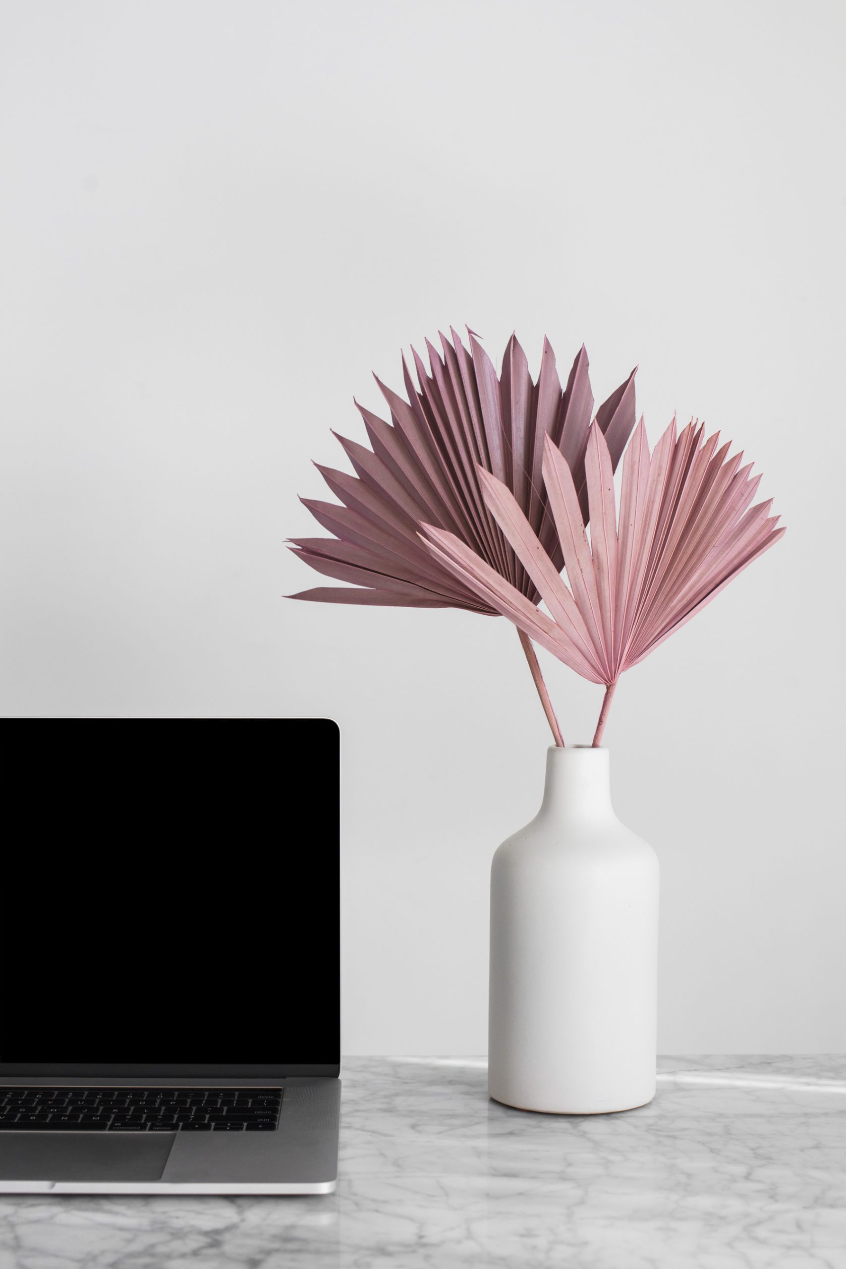 laptop on marble desk with pink dried flowers