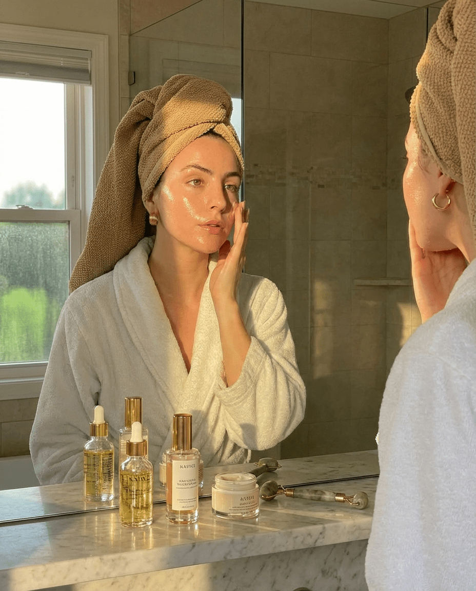 woman in robe with hair towel doing skincare at vanity