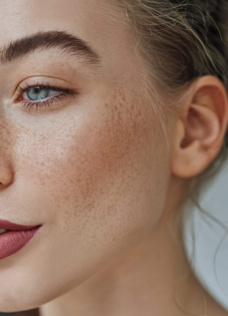 Close-up portrait of woman with blue eyes, natural freckles, bold eyebrows, and soft pink lips—beauty makeup skin care concept.