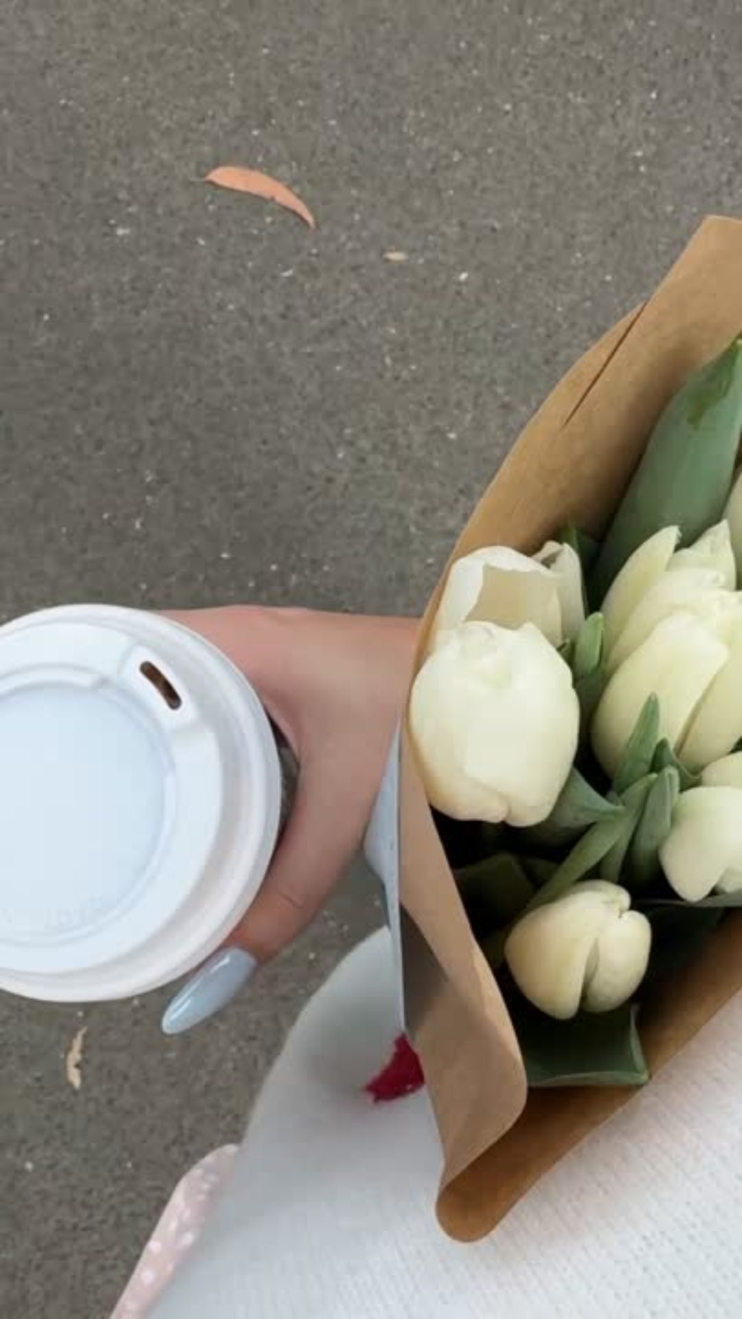 coffee and white tulips from above morning ritual