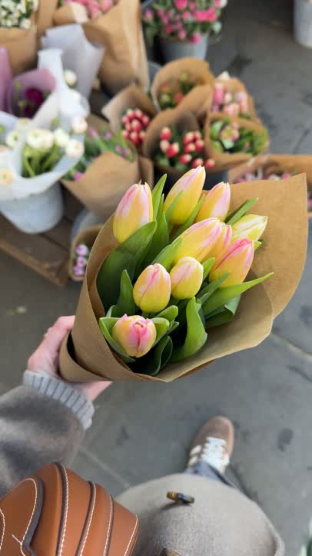 hand holding fresh tulips at farmers market weekend activity