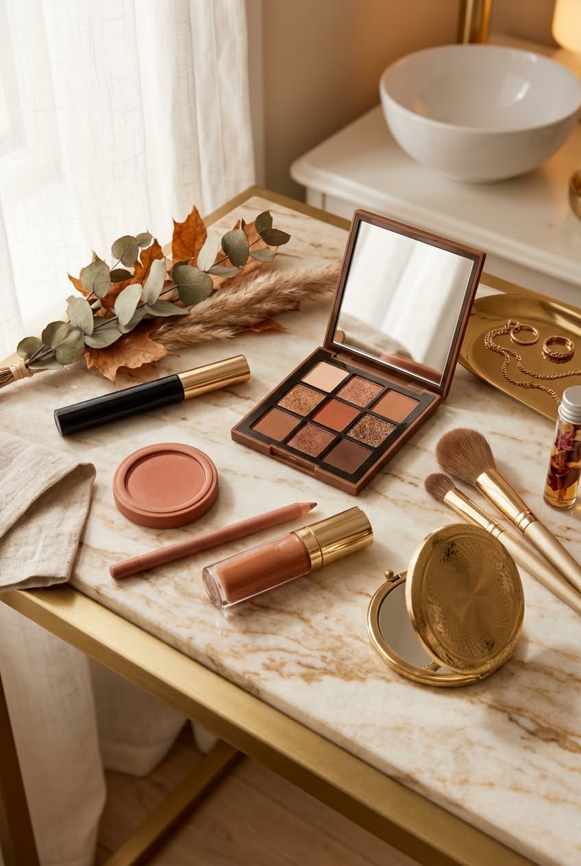 makeup palette and blush flat lay on a table