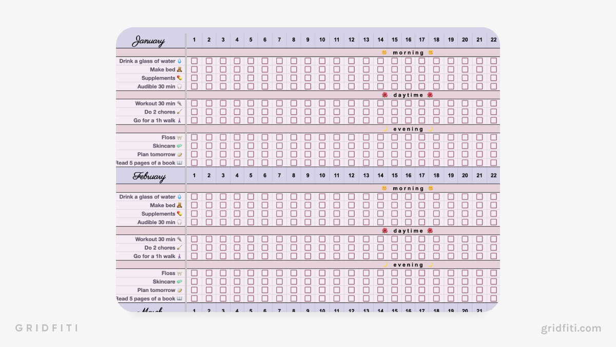 gridfiti aesthetic habit tracker google sheets pink pastel