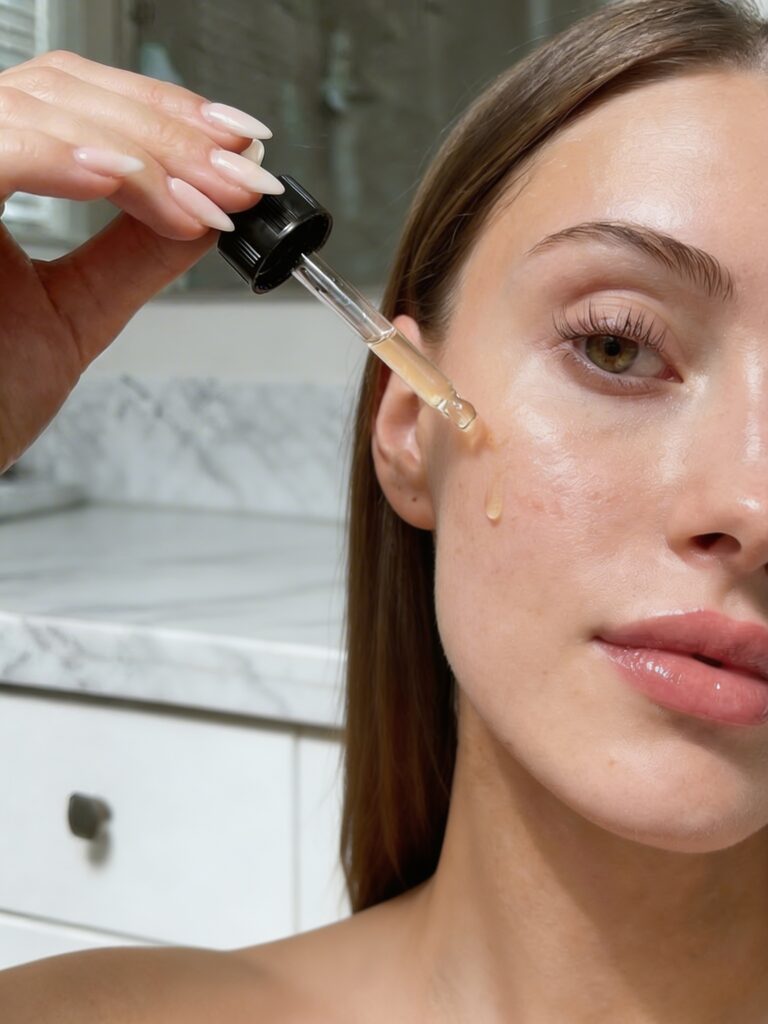 A woman uses a dropper to apply vitamin C serum for hyperpigmentation, dark spots, and glowing skin care to her cheek.