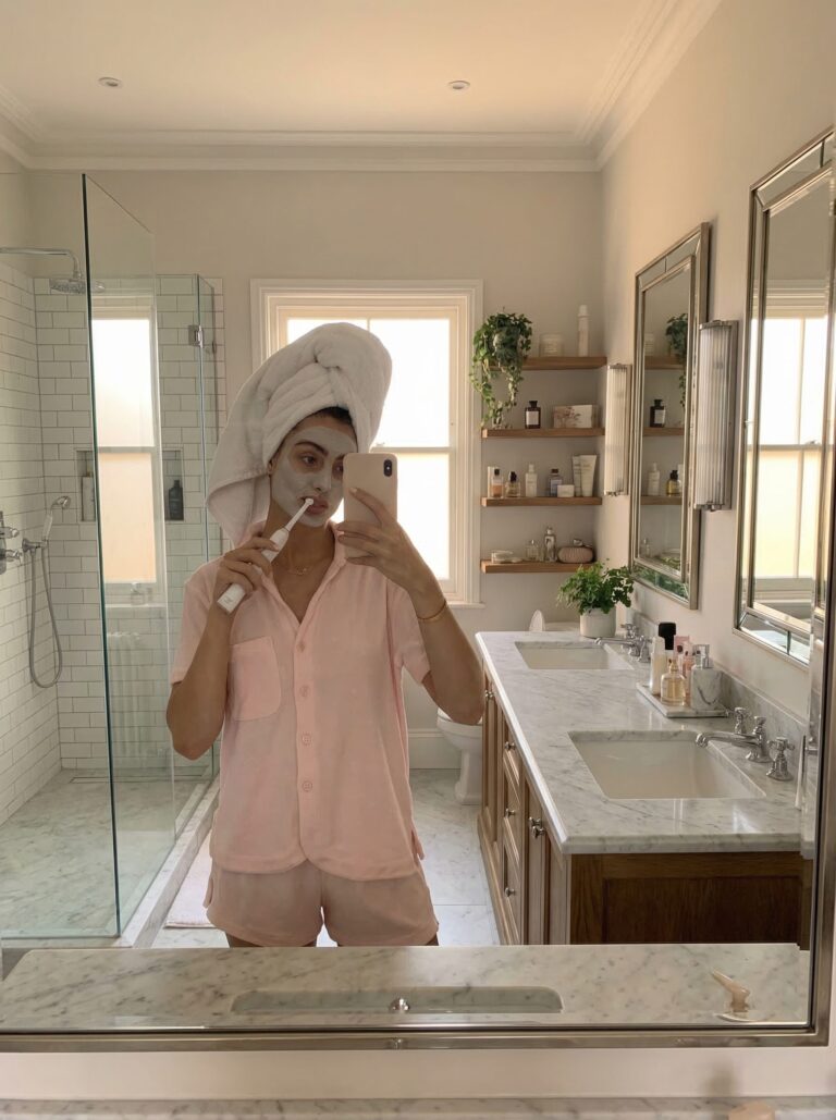 woman in bathroom after shower with clean glowing skin