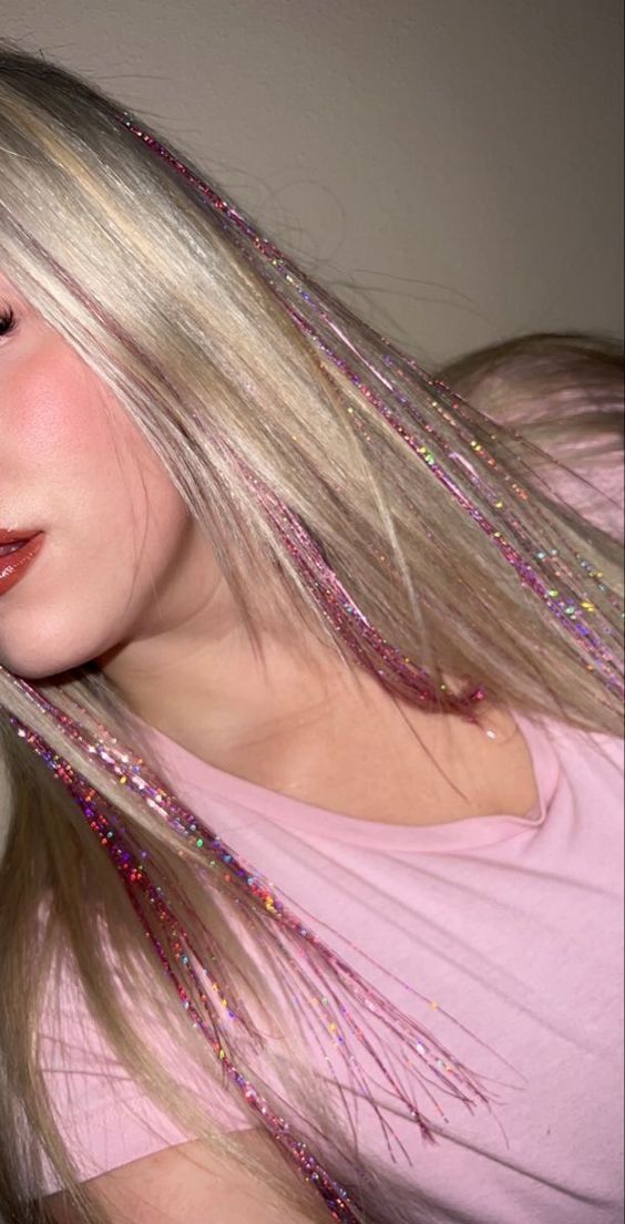 blonde hair with pink hair tinsel done at home