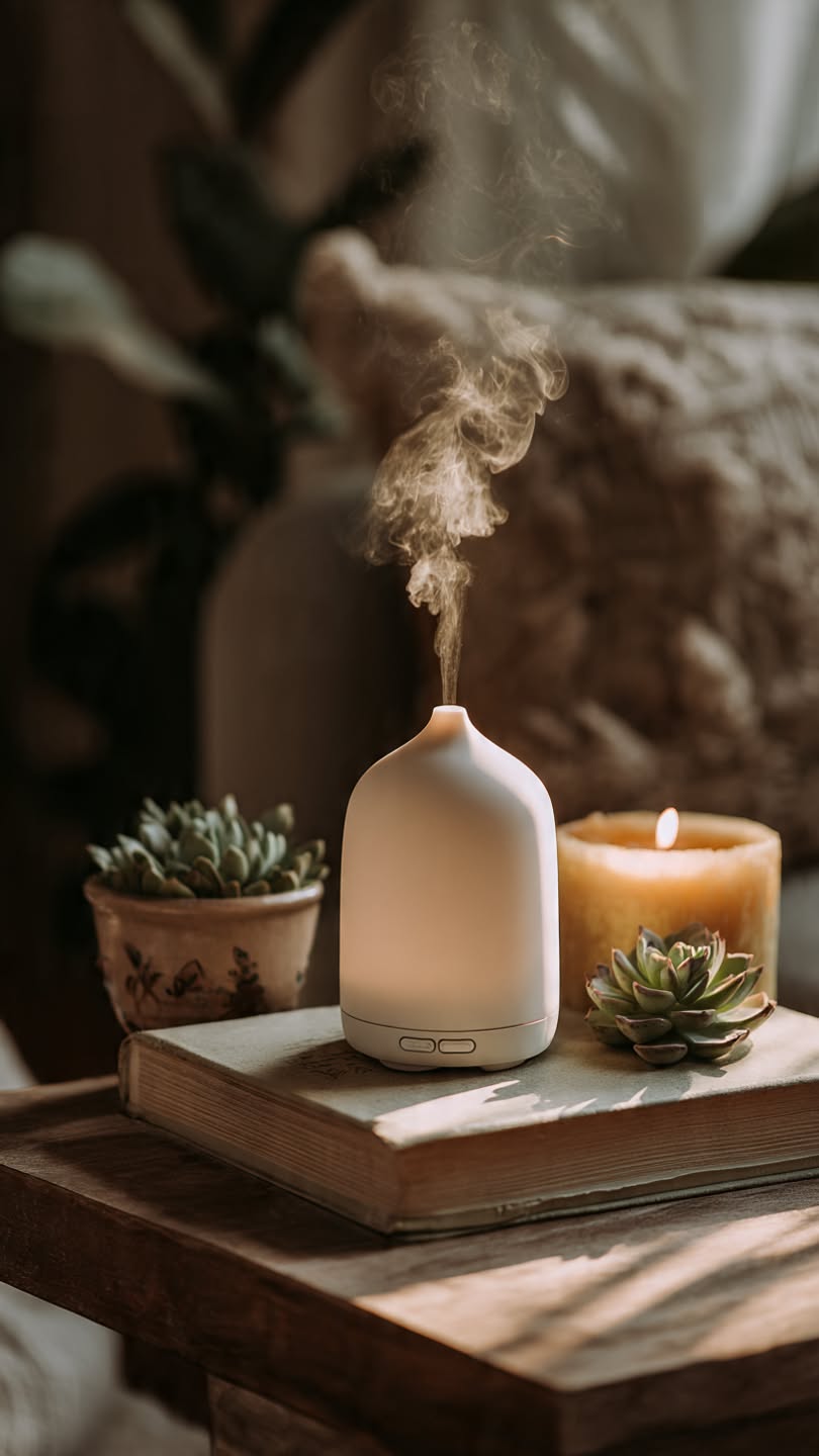 ceramic essential oil diffuser running beside a candle and succulents