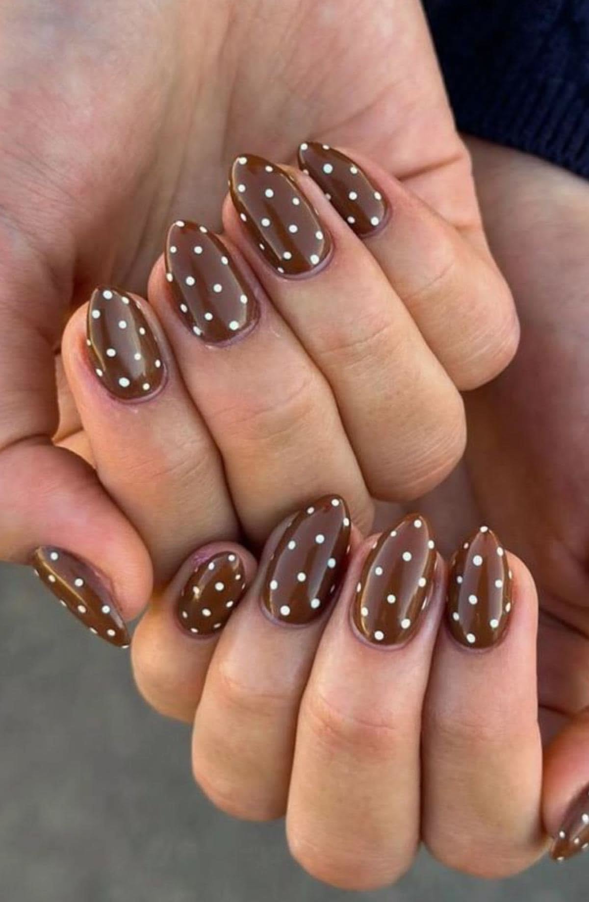 chocolate brown polka dot nails with cream white dots