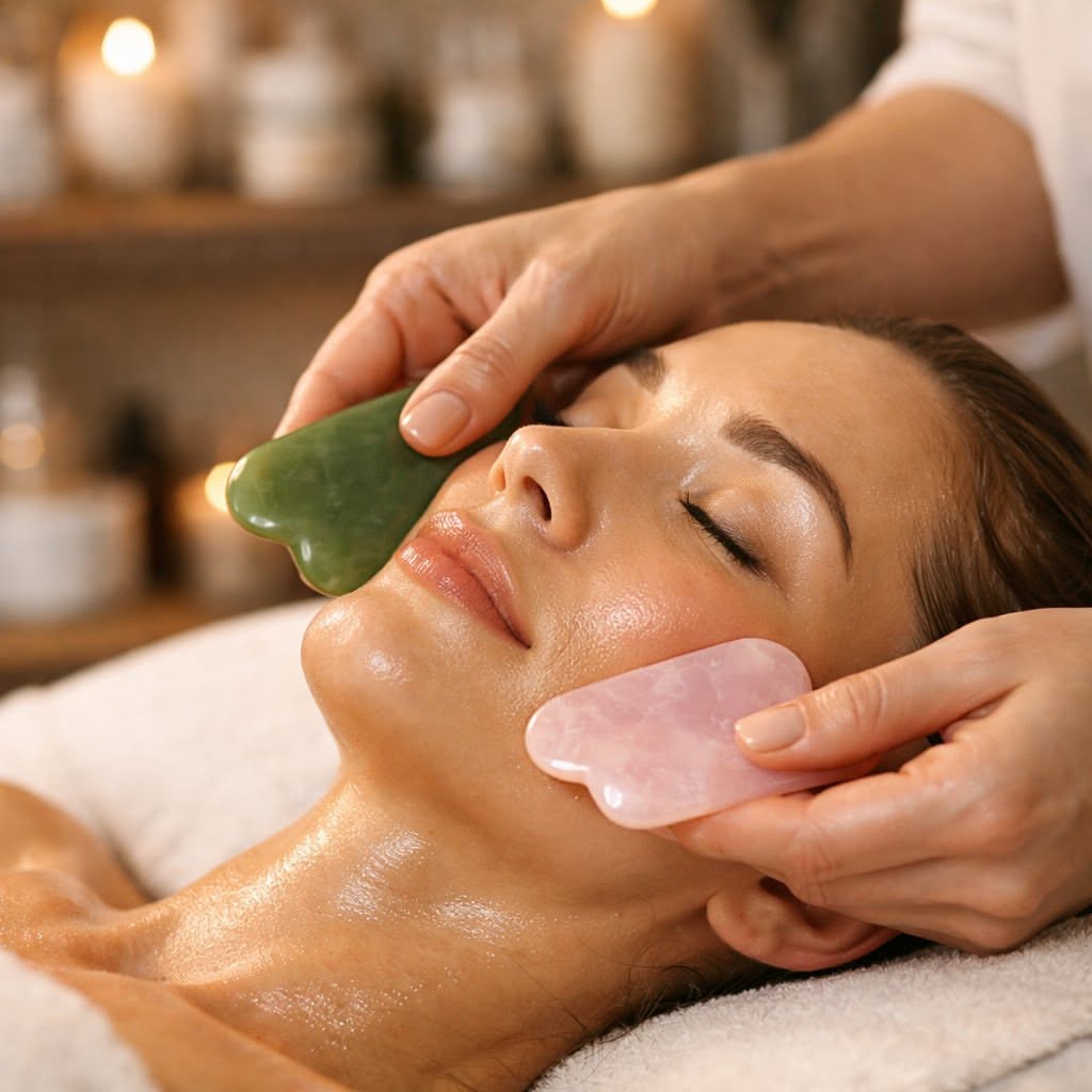 woman relaxing during a gua sha facial massage