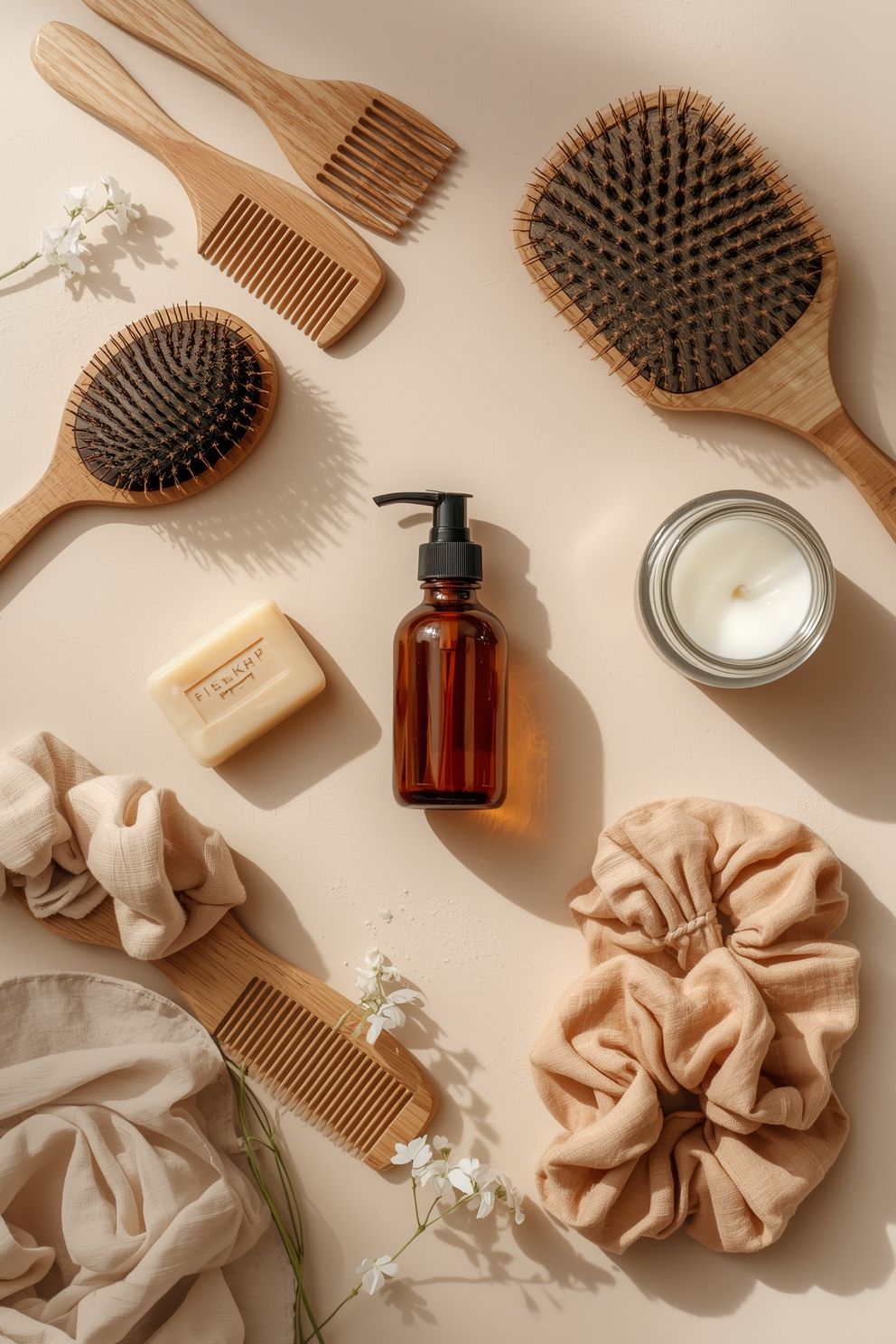 hair care flatlay with brushes and comb
