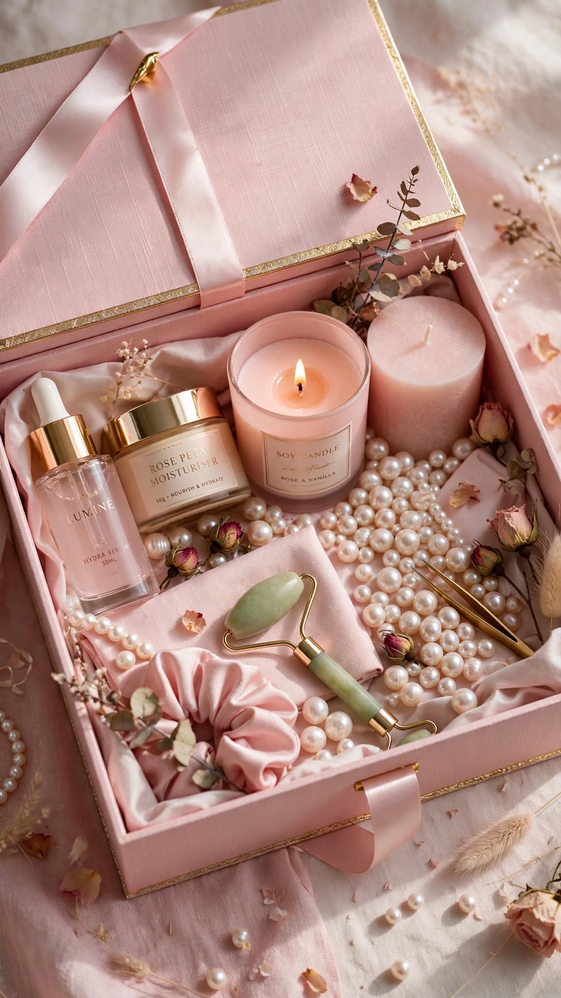 pink beauty gift box with candle and pearls