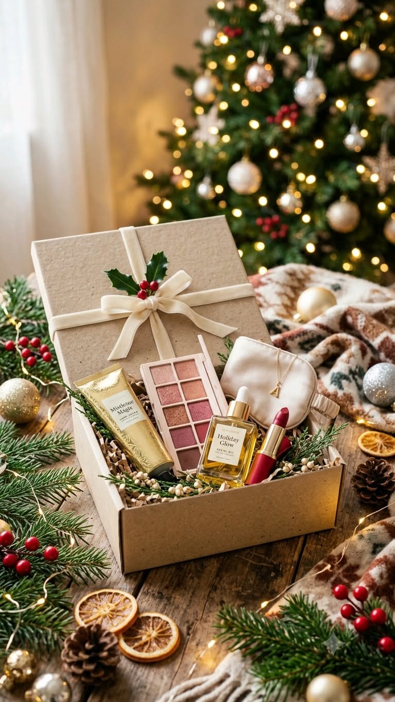 beauty gift box wrapped under a christmas tree