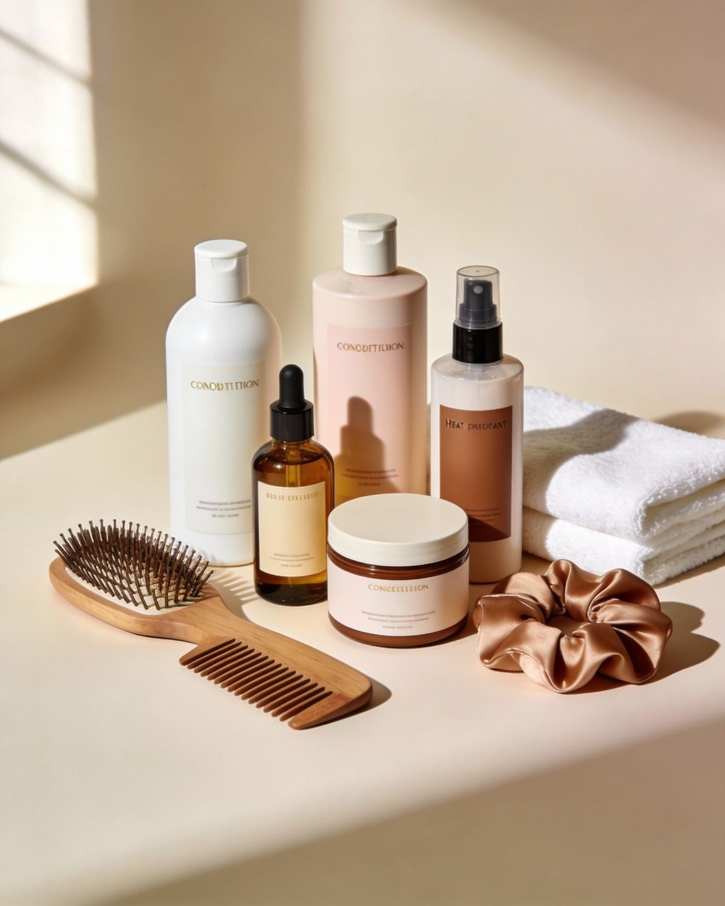 hair products and brush on a shelf